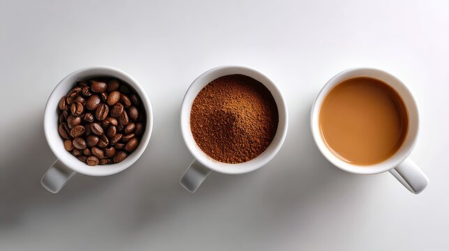 Stages of coffee from whole beans to ground powder and finally a brewed cup.