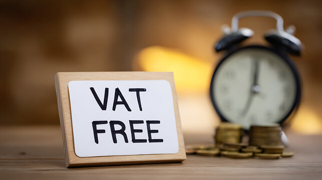 VAT Free Sign with Coins and Alarm Clock on Wooden Table, Representing Tax Exemption, Savings, Time-Sensitive Offers, and Financial Benefits