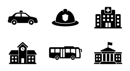 Public Service Icons: Police Car, Firefighter Helmet, Hospital, School, Bus, Government Building © Sohel