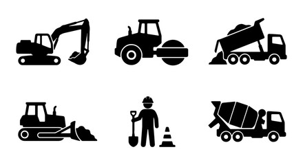 Construction Vehicle Icons Set: Excavator, Tractor, Dump Truck, Bulldozer, Cement Mixer, Worker © Sohel