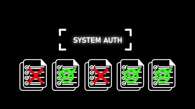 Futuristic digital authentication system interface with biometric verification and system auth badge