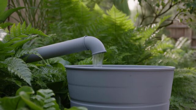 Rainwater barrel collecting runoff in a lush garden