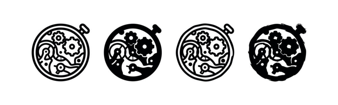 Watch Mechanism and Gears Icon Set - Timepiece and Engineering Symbols
