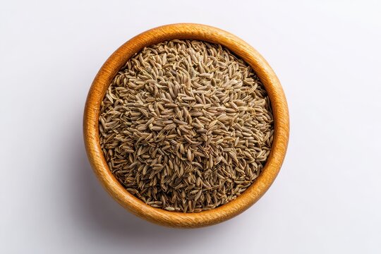 Wooden bowl filled with organic brown cumin seeds isolated on a bright white background.