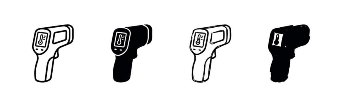 Infrared thermometer with temperature reading, medical and health icons.