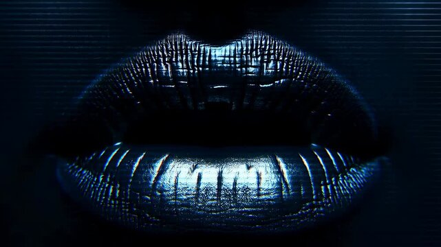 Close-up of glossy lips with a futuristic digital effect. Represents beauty, technology, and modern aesthetics in visual media
