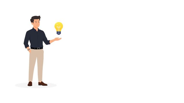 Businessman Holding Glowing Light Bulb Idea. Minimal Animation Design On White Background With  Copy Space. Entrepreneurship, Creativity, And New Ideas Concept.