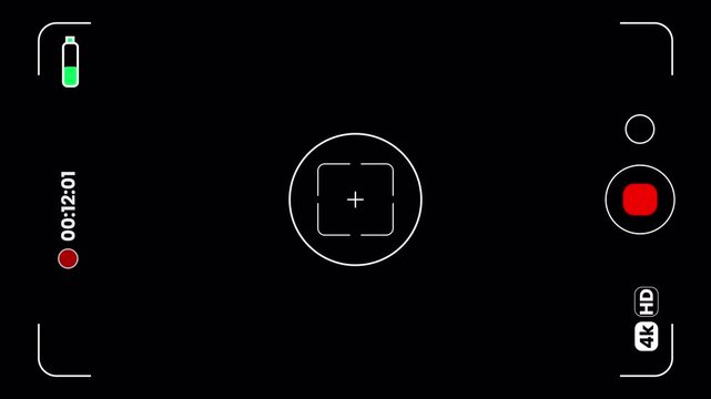 4K Vertical Smartphone Camera Recording UI Overlay with Timer, Battery Indicator, and Focus Reticle on Transparent Background (Motion Loop)