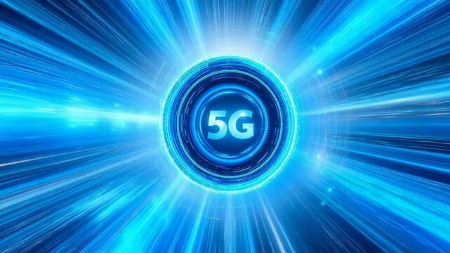 Dynamic Blue Abstract Animation Featuring a Central '5G' Symbol with Radiating Light Effects