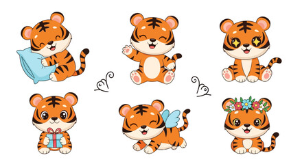 Fototapeta premium Cute baby tiger stickers set in various poses and expressions
