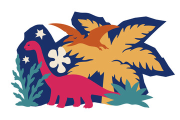 Vibrant prehistoric jungle illustration with dinosaur and pterodactyl in flat paper cut collage style © Cozymus art