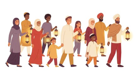 Obraz premium Cultural Celebration, Family and Friends, City Streets, Illustration, Evening Atmosphere, Side View, Community Spirit