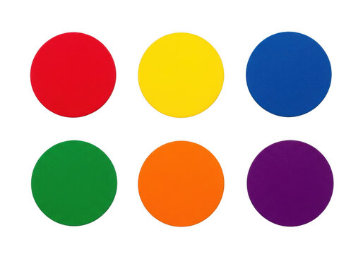 Six solid colored circles arranged in two rows of three on a black background, featuring red, yellow, blue, green, orange, and purple hues