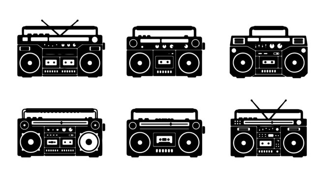 Retro boombox vector icons, vintage 80s radio set, black ghetto blaster silhouettes