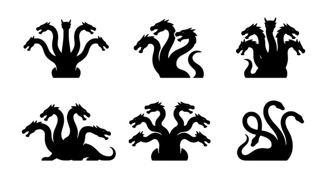 Mythical hydra dragon silhouettes, 6 multi-headed serpent icons, fantasy monster vectors