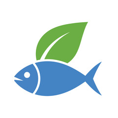 Obraz premium Minimalist Blue Fish Icon with Green Leaf Symbol.