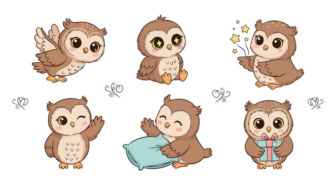 Cute Kawaii Owl Character Collection Set in Various Poses