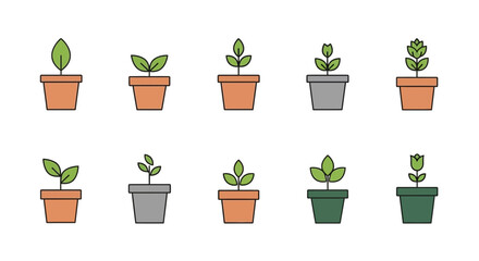 Fototapeta premium Potted plant icons with green leaves for gardening and nature themes