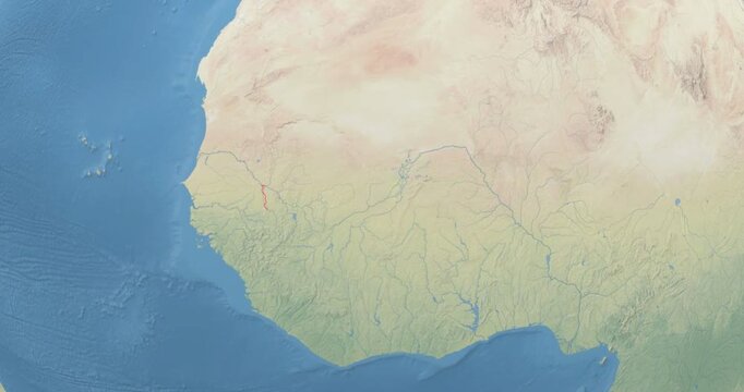 Mali on Globe. Zoom into the country with Earth spinning on dark background. Physical world map with Mali and label on it. Country view animation.
