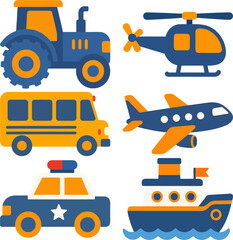 Cute Transportation Vehicles Flat Vector Icon Set © Indrart
