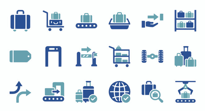 Baggage Handling Terminal Logistics Duotone Icon Set with Suitcase Symbols