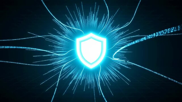 Dynamic digital shield with glowing lines and binary code. Represents cybersecurity, data protection, and digital safety in a modern world