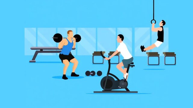 active gym session showing people working out with squats bicycle exercise and pull ups inside a fitness center