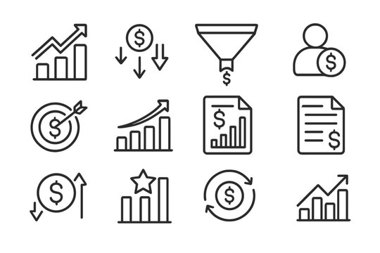 Financial icons: graphs, charts, dollar signs, growth, money management symbols