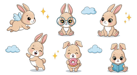Obraz premium Cute Cartoon Bunny Character Set with Various Poses and Accessories