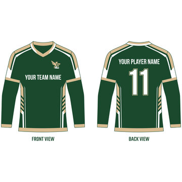 Dark green and tan custom sports jersey design layout with long sleeve, v neck