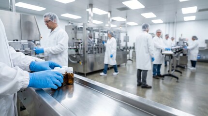 Naklejka premium Dedicated professionals in sterile cleanroom attire meticulously manage a high-tech pharmaceutical production line, ensuring quality control in a modern manufacturing facility