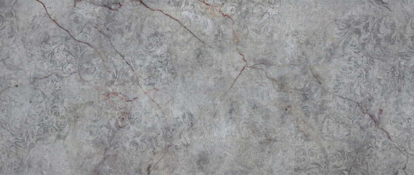 Marble texture background in soft grey with red cracks and embossed baroque floral ornamental pattern
