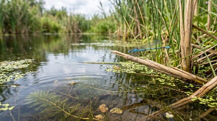 Fototapeta premium Freshwater pond edge with aquatic plants and dragonfly for biodiversity, wetland conservation, climate resilience, and environmental education visuals.