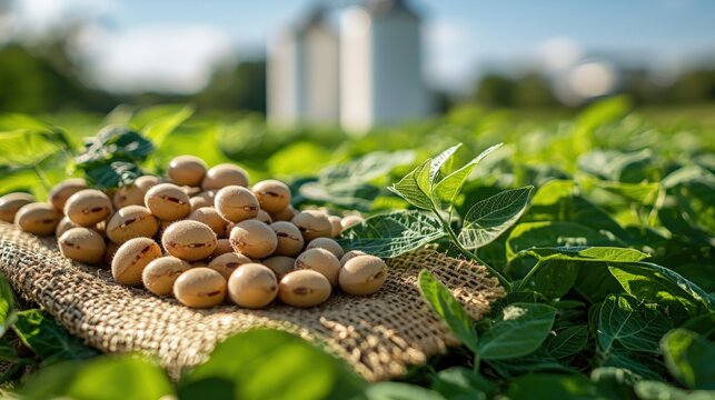 Freshly picked ripe soybeans on burlap with lush crops and silos in the background