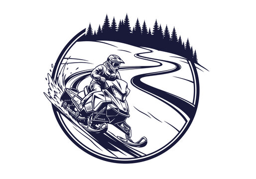Snowmobiler riding a snowmobile on a winding snowy track with pine trees in the background, dynamic action illustration.