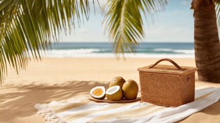 Fototapeta premium A serene beach picnic scene featuring fruits and a basket resting on a blanket under palm trees