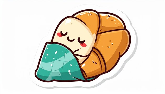 Cute sleepy croissant character sticker illustration, a charming pastry wrapped in a cozy blanket with a sweet smiling face, ideal for food and bakery themed designs