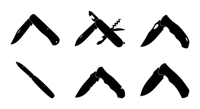 Pocket Knife Silhouettes, Folding Blade Tools, Multitool Icons, Camping Gear Vector Set