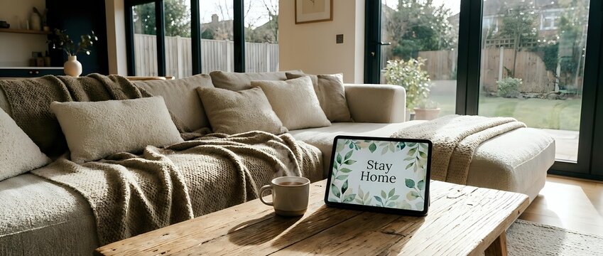 Cozy modern living room with tablet displaying Stay Home message on wooden coffee table, neutral tones, natural light, comfort lifestyle concept.