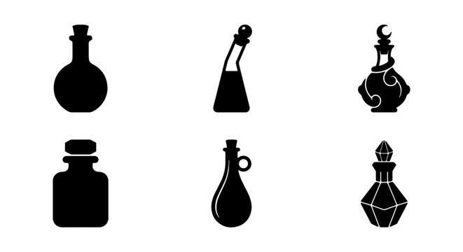 Alchemy Bottles Vector Icons, Potion Vials Set, Vintage Perfume Containers, Magic Elixir Glassware