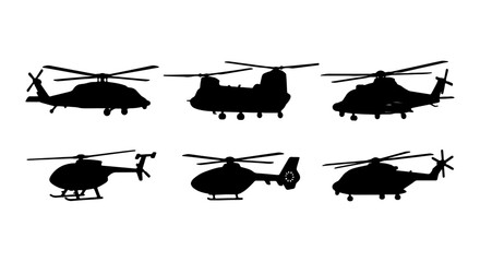 Helicopter Silhouettes Set, Aviation Icons, Military Aircraft Collection, Transport Vector © Hasna