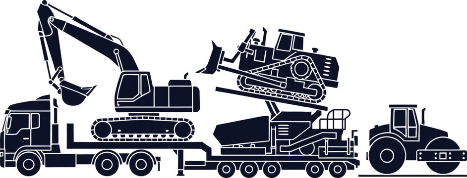 Heavy Construction Equipment Transported on Trailers and Road Roller Keywords: construction, equipment, transport, truck, trailer