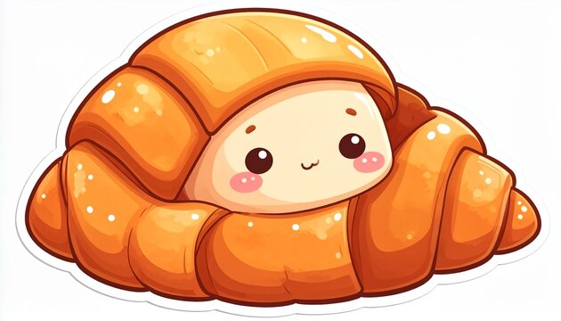 Adorable sleepy croissant character illustration, a cute baked goods sticker with a sweet smiling face, perfect for food and bakery themes, evoking warmth and comfort
