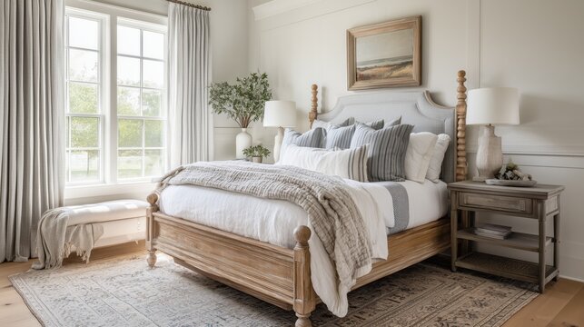 Cozy bright bedroom interior with canopy bed and neutral decor