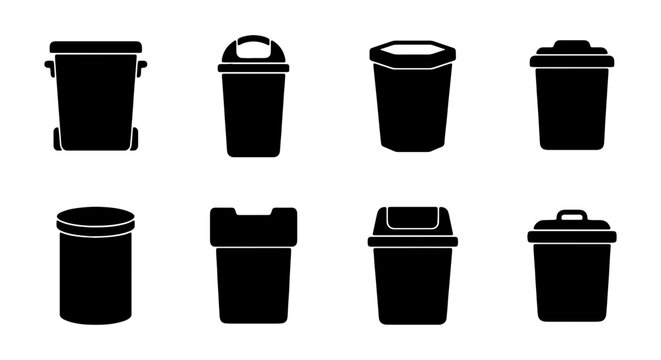 Trash Can Icons, Waste Bin Silhouettes, Garbage Container Vector Set, Recycling Symbol