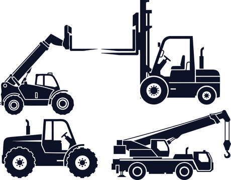 Group of Silhouettes of Industrial Forklifts and Lifting Machines telehandler telescopic handler