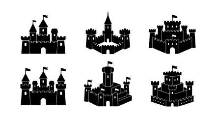 Medieval Castle Icons, Royal Fortress Silhouettes, Fantasy Kingdom Buildings, Set of 6 © Hasna