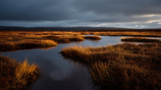 Dramatic autumnal light illuminates a rugged moorland wetland with dark storm clouds overhead, reflecting in tranquil water channels and creating a peaceful, remote scene