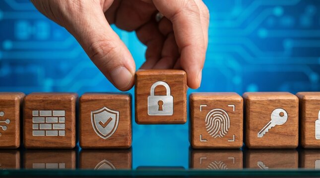 Securing digital assets wooden blocks with security icons, including a lock, shield, and fingerprint, signify data protection and cybersecurity