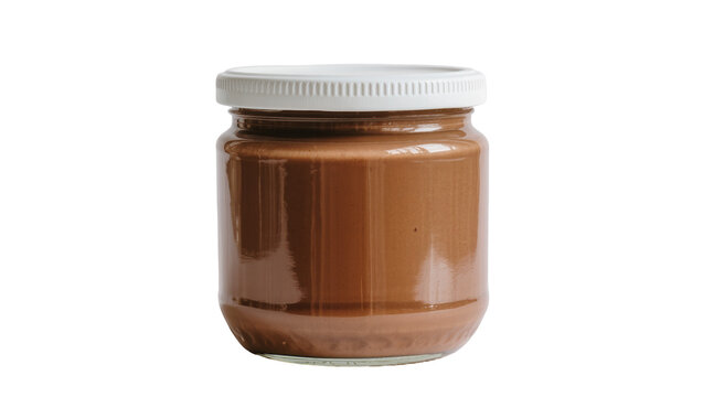 Glass jar with smooth chocolate spread and white lid